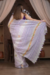 Bengal Gatha ~ Handloom Linen Saree with Kantha Work in White Purple