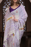Bengal Gatha ~ Handloom Linen Saree with Kantha Work in White Purple