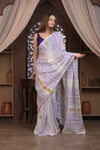 Bengal Gatha ~ Handloom Linen Saree with Kantha Work in White Purple