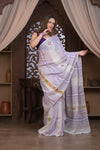 Bengal Gatha ~ Handloom Linen Saree with Kantha Work in White Purple