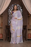Bengal Gatha ~ Handloom Linen Saree with Kantha Work in White Purple