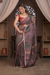 Bengal Gatha ~ Handloom Tissue Silk Saree with Floral Handweave in Brown