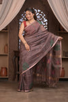 Bengal Gatha ~ Handloom Tissue Silk Saree with Floral Handweave in Brown