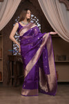 Kashi ~ Handloom Pure Silk Kora Saree in Purple with Paisley Buttis (Silk Mark Certified)