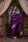 Kashi ~ Handloom Pure Silk Kora Saree in Purple with Paisley Buttis (Silk Mark Certified)