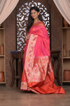Kashi Exclusive ~ Handloom Banarasi Pure Katan Silk Paithani Saree with Lotus Border in Peach Pink (Silk Mark Certified)