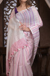 Bengal Gatha ~ Handloom Linen Saree in White and Pink