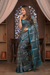 Bengal Gatha ~ Designer Chanderi Cotton Silk Saree with Digital Print in Black and Blue