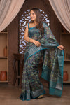 Bengal Gatha ~ Designer Chanderi Cotton Silk Saree with Digital Print in Black and Blue