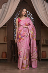 Bengal Gatha ~ Handloom Tussar Silk Saree with Handpainted Floral and Embroidered Art in Blush Pink