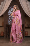 Bengal Gatha ~ Handloom Tussar Silk Saree with Handpainted Floral and Embroidered Art in Blush Pink