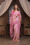 Bengal Gatha ~ Handloom Tussar Silk Saree with Handpainted Floral and Embroidered Art in Blush Pink
