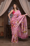 Bengal Gatha ~ Handloom Tussar Silk Saree with Handpainted Floral and Embroidered Art in Blush Pink