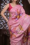 Bengal Gatha ~ Handloom Tussar Silk Saree with Handpainted Floral and Embroidered Art in Blush Pink