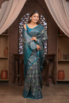 Bengal Gatha ~ Designer Chanderi Cotton Silk Saree with Digital Print in Black and Blue