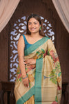 Bengal Gatha ~ Handloom Tussar Silk Saree with Handpainted Floral Pallu in Beige Blue