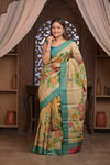 Bengal Gatha ~ Handloom Tussar Silk Saree with Handpainted Floral Pallu in Beige Blue