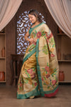 Bengal Gatha ~ Handloom Tussar Silk Saree with Handpainted Floral Pallu in Beige Blue