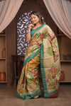 Bengal Gatha ~ Handloom Tussar Silk Saree with Handpainted Floral Pallu in Beige Blue