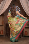 Bengal Gatha ~ Handloom Tussar Silk Saree with Handpainted Floral Pallu in Beige Blue