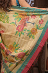 Bengal Gatha ~ Handloom Tussar Silk Saree with Handpainted Floral Pallu in Beige Blue