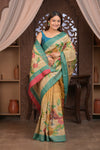 Bengal Gatha ~ Handloom Tussar Silk Saree with Handpainted Floral Pallu in Beige Blue