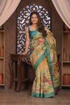 Bengal Gatha ~ Handloom Tussar Silk Saree with Handpainted Floral Pallu in Beige Blue