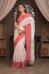 Bengal Gatha ~ Handloom Linen Saree in White and Rose Pink