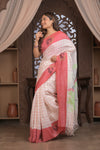 Bengal Gatha ~ Handloom Linen Saree in White and Rose Pink