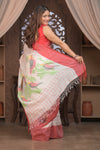 Bengal Gatha ~ Handloom Linen Saree in White and Rose Pink