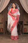 Bengal Gatha ~ Handloom Linen Saree in White and Rose Pink