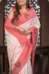 Bengal Gatha ~ Handloom Linen Saree in White and Rose Pink