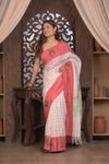 Bengal Gatha ~ Handloom Linen Saree in White and Rose Pink
