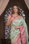 Kashi ~ Handloom Banarasi High Quality Pure Silk Saree in Sea Green with Pink (Silk Mark Certified)