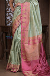 Kashi ~ Handloom Banarasi High Quality Pure Silk Saree in Sea Green with Pink (Silk Mark Certified)