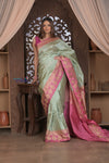 Kashi ~ Handloom Banarasi High Quality Pure Silk Saree in Sea Green with Pink (Silk Mark Certified)