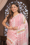 Bengal Gatha ~ Handloom Linen Saree with Kantha Work in White Pink