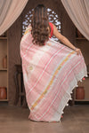 Bengal Gatha ~ Handloom Linen Saree with Kantha Work in White Pink