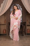 Bengal Gatha ~ Handloom Linen Saree with Kantha Work in White Pink