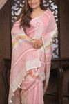 Bengal Gatha ~ Handloom Linen Saree with Kantha Work in White Pink