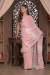 Bengal Gatha ~ Handloom Linen Saree with Kantha Work in White Pink
