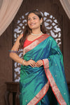 Kashi ~ Handloom Banarasi Pure Silk Saree in Peacock Blue and Red (Silk Mark Certified)