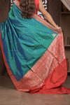 Kashi ~ Handloom Banarasi Pure Silk Saree in Peacock Blue and Red (Silk Mark Certified)