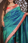 Kashi ~ Handloom Banarasi Pure Silk Saree in Peacock Blue and Red (Silk Mark Certified)