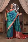 Kashi ~ Handloom Banarasi Pure Silk Saree in Peacock Blue and Red (Silk Mark Certified)