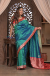Kashi ~ Handloom Banarasi Pure Silk Saree in Peacock Blue and Red (Silk Mark Certified)