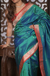 Kashi ~ Handloom Banarasi Pure Silk Saree in Peacock Blue and Red (Silk Mark Certified)