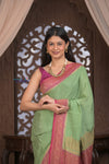Kashi ~ Handloom Banarasi Khaddi Crepe Georgette Silk Saree in Pista Green and Pink (Silk Mark Certified)