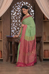 Kashi ~ Handloom Banarasi Khaddi Crepe Georgette Silk Saree in Pista Green and Pink (Silk Mark Certified)