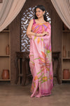 Bengal Gatha ~ Handloom Tussar Silk Saree with Handpainted Floral and Embroidery in Shades of Pink
